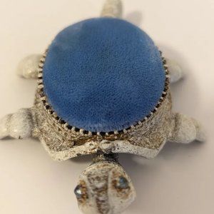 Rare Florenza Vintage Metal Jeweled Turtle Blue Pin Cushion Needle Holder Sewing